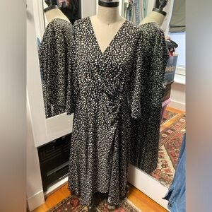 Perceptions New York Polka Dot Print Faux Wrap Dress w/Handkerchief Hem, Size L